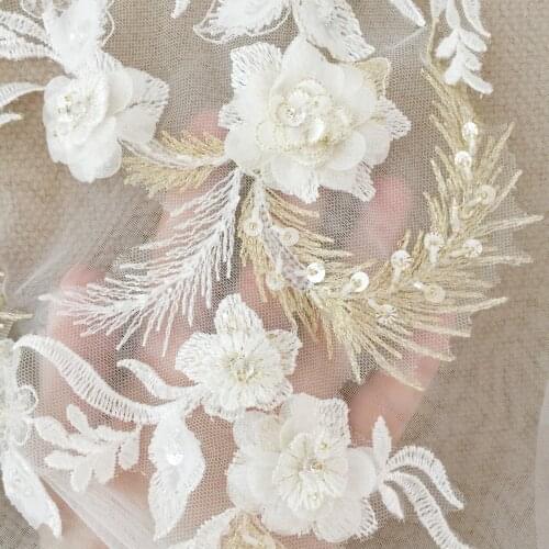 2 Pieces 1 pair 3D Hand Beaded FLower Lace Applique in Gold Ivory ,Clear Sequin Beading Embroidery Patch Motif