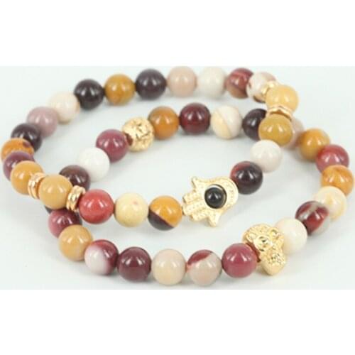 2pcs Mix style natural egg yellow round stone beads hamsa hand men bracelet beaded skull head women bracelet