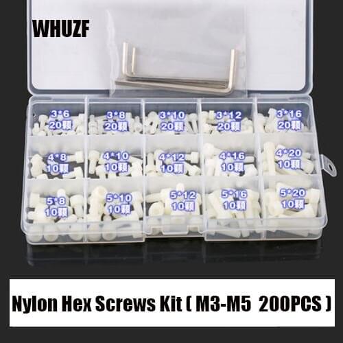 200PCS/Lot Nylon Hex Screws Kit M3 M4 M5 Cap Head Hex Socket Screw Bolt Screw Assortment Kit Fastener Hardware