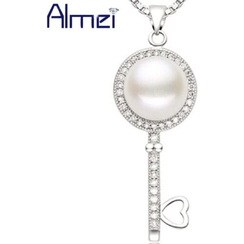 Almei 15%Off Cubic Pearl Key Pendant Necklaces for Women Crystal 925 Silver Necklace Rhinestone Charm Jewelry Sale JS2514