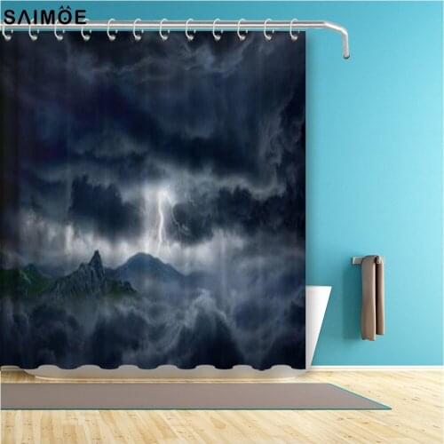 Nature Shower Curtain Flash in Dark Stormy Sky over Mountains Like Fictional Fantastic Powerful Nature Fabric Bathroom Decor