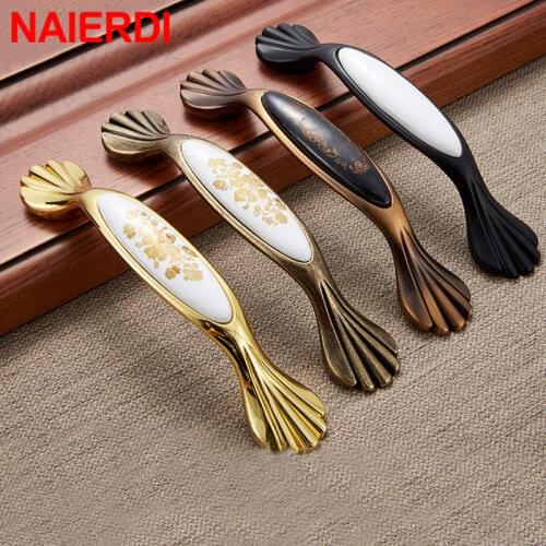 NAIERDI European Ceramic Bronze Gold Cabinet Handles Drawer Knobs Zinc Alloy Wardrobe Door Handles Pulls Furniture Handle