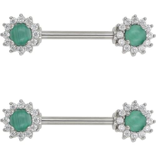 JHJT 14G 2PCS Nipple Rings Double Sun Flower 316L Surgical Steel with Cats eye Nipple Barbell Piercing