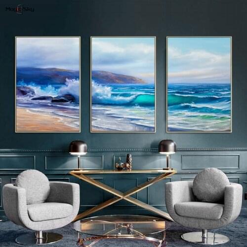 Nordic Blue Ocean Waves Landscape Seascape Oil Painting Canvas Posters and Prints Wall Art Pictures Living Room Home Decoration