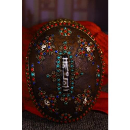 Tibet Temple Collection Old Tibetan silver mosaic Filigree Dzi Beads Turquoise Skull head Kapala Bowl cup Gabala Bowl Town House