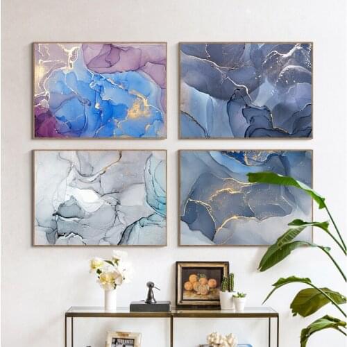 Marble Texture Abstract Gold Blue Wall Art Print Modern Style Canvas Ink Painting Nordic Decorative Picture Home Decor