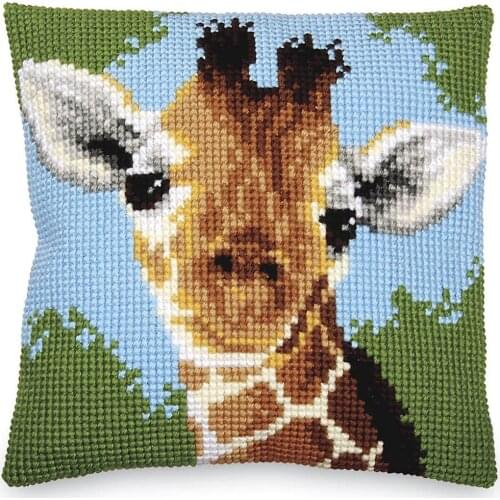 DIY Cross Stitch Cushion Front Giraffe Face Needlepoint Kits Printed Canvas Chunky Yarn Cross-stitch Pillow Case Arts & Crafts