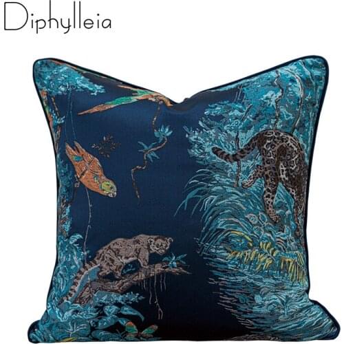 Diphylleia Cushion Cover Decorative Pillow Case Vintage Chinese Style Jungle Animal Collection Leopard Parrot Embroidery Blue