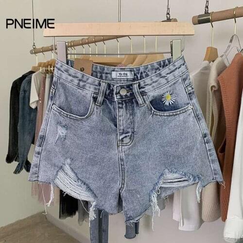 PNEIME New womens high-waist denim shorts Womens embroidered daisy loose holes Wide-leg shorts Korean students' thin hot pants