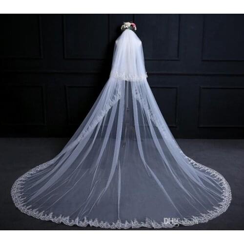 Charming Bridal Veils Champagne/Ivory 3 Meters Long Train Applique Edge Blush Face Wedding Veils Bridal Accessories