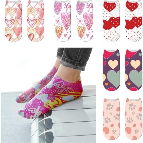 Couple Womens Cotton Short Socks Summer Breathable Invisible Boat Socks Female Pink Heart 3D Print Harajuku Sock Unisex Socks