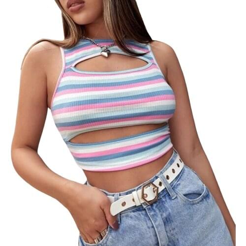 Sexy Women Sleeveless Striped Cropped Tops, Slim Fit Hollow Out O-neck Vest for Summer 2021 Brand New Style