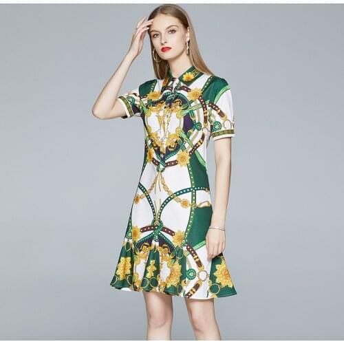 Summer Elegant Dress Turn-Down Collar Short Sleeve Slim Single Breasted Print Ruffle Waist Show Thin Office Lady Dresses