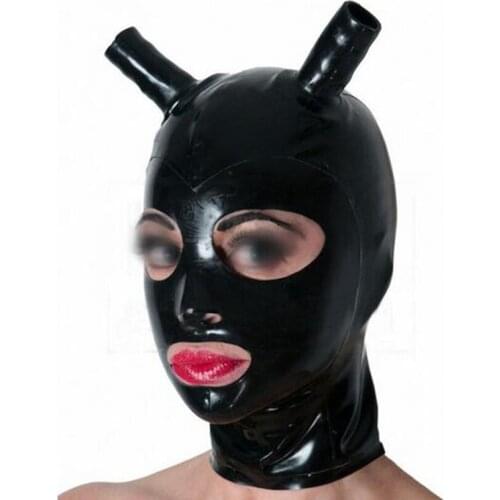 Sexy exotic lingerie lenceria handmade cekc black latex with two wig hair tress hole tube hoods hood mask back zipper costumes