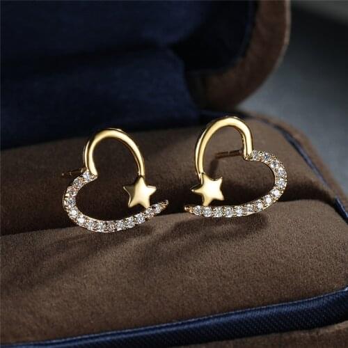 Cute Star White Zircon Stud Earrings For Women Wedding Jewelry Vintage Fashion Gold Color Hollow Heart Earrings Valentine Gifts