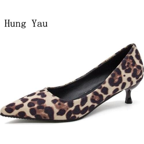 Women High Heels Shoes Casual Pumps Shallow Pointed Toe Thin Heels Leopard Walking 2018 Autumn Fashion Slip On Comfortable