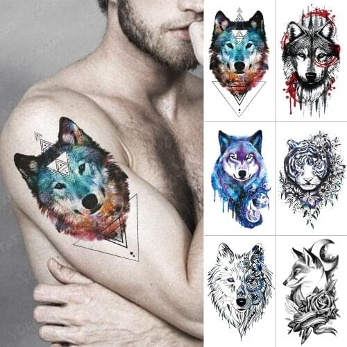 Waterproof Temporary Tattoo Sticker Wolf Tiger Lion Flash Tattoos Triangle Geometry Body Art Arm Water Transfer Fake Tatoo Men
