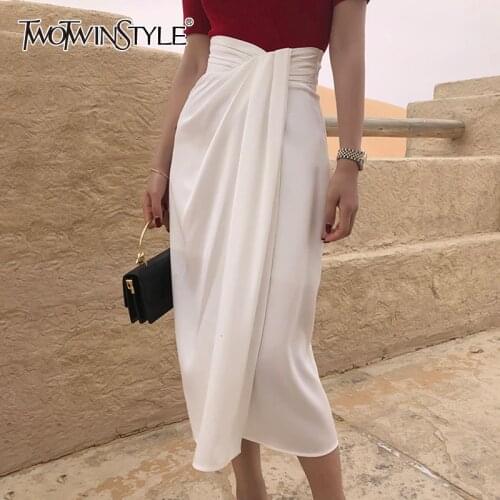 TWOTWINSTYLE Vintage Irregular Side Split Skirt Women High Waist Asymmetrical Ruched Skirts For Female Fashion 2020 Clothing New