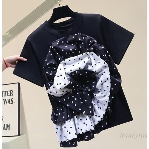 Polka Dot Three-Dimensional Petals Short Slim Fit Cotton Short Sleeve T-shirt for Women 2021 New Spring Summer Top White Black