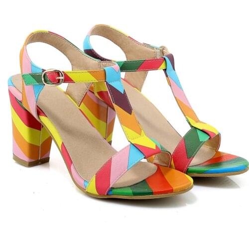 US4-11 Womens Peep Toe Rainbow Colors T-Strappy Ankle Buckle Block High Heel Sandals Pumps Shoes Plus Size C592