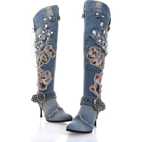 High Quality Women Wash Denim Beaded High Heel Knee Length Boots Thin Heel Motorcycle Jeans Boots winter denim boots woman
