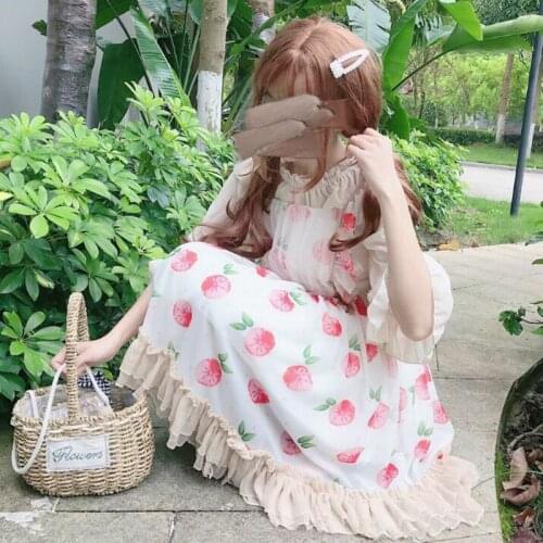 Orange Sweet Womens 2 Pcs Set: Lolita JSK Dress + Apricot Shirt Half Sleeve Blouse Chiffon Sleeveless Dress Ruffles One Piece