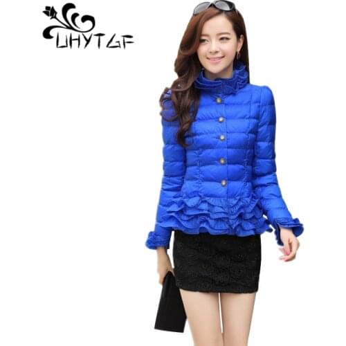 UHYTGF New Women Winter Down Jacket Women Outwear Short fashion Korean Ruffle Coats Basic Winter jackets Female Parka Coats X580