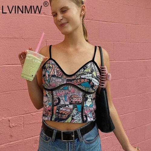 LVINMW Spaghetti Straps V Neck Sleeveless Printed Sexy Camis Backless Patchwork Casual Fashion Tops Women Slim Daily Crop Top