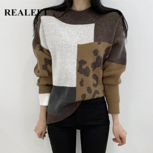 REALEFT Autumn Winter 2021 New Thicken Colorblock Women Pullovers Long Sleeve Casual Loose Ladies Knitting Tops Female Sweaters