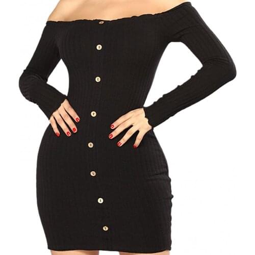 Women Spring Summer Sexy Solid Color Off Shoulder Long Sleeve Buttons Bodycon Mini Party Dress Elegant Short Mini Party Dresses
