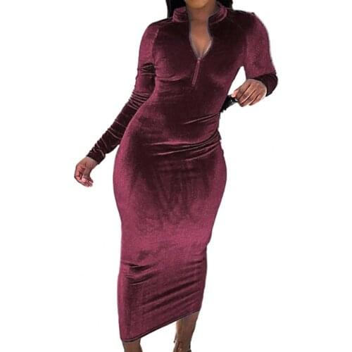 Women Autumn Winter Long Sleeve Solid Color Zipper Bodycon Midi Party Dress
