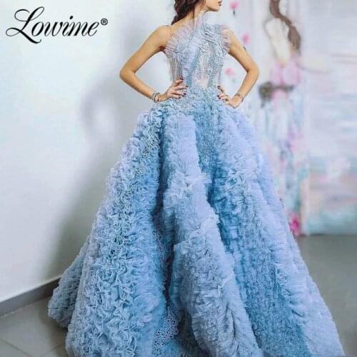 Blue One Shoulder Dubai Design Party Dress Plus Size Custom Made Beading Prom Dresses Long Arabic Formal Evening Gowns 2021