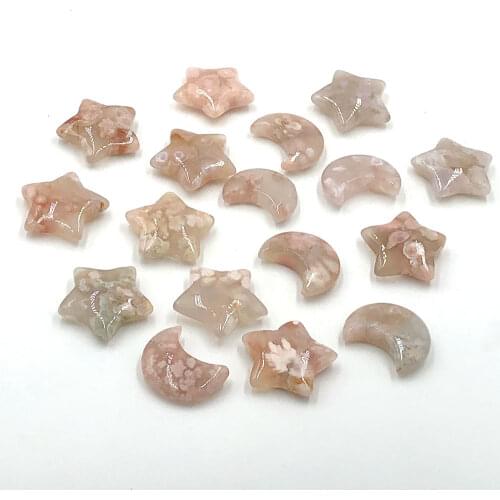 1pc Random Natural Flower Agate Quartz Crystal Moon Star Carvings Crafts Healing Reiki Sakura Women Girl Pendant Gift Decor 3cm