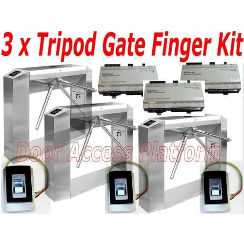 3 x Tripod Turnstiles Gate+Biometric/RFID EM Card Access Gate Reader+Web Network Access Controller Fingerprint entrance+exit kit