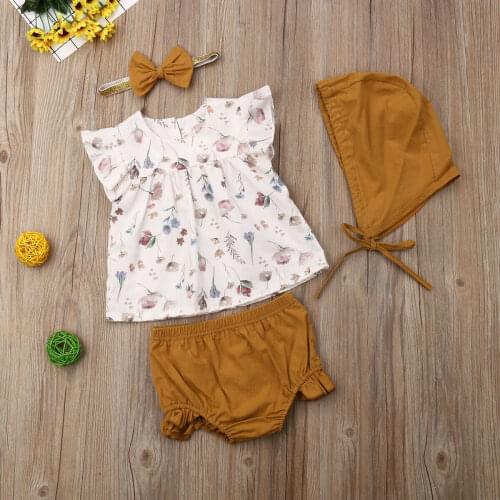 4PCS Summer Newborn Kids Baby Girls Floral Top T-shirt Short Pants Bow Headband Hat Outfit Clothes Set