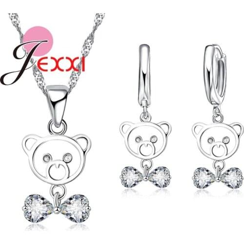 Austrain Crystal Bow Shape 925 Sterling Silver Hollow Bear Pendant Necklace & Hoop Earring Jewelry Set Bijoux Wholesale