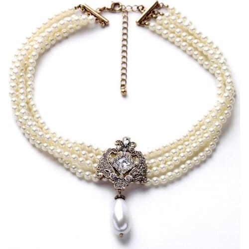 Elegant Female Jewelry Extender Chain Diamante Flashing Charms Simulated Pearl Layer Wedding Necklace