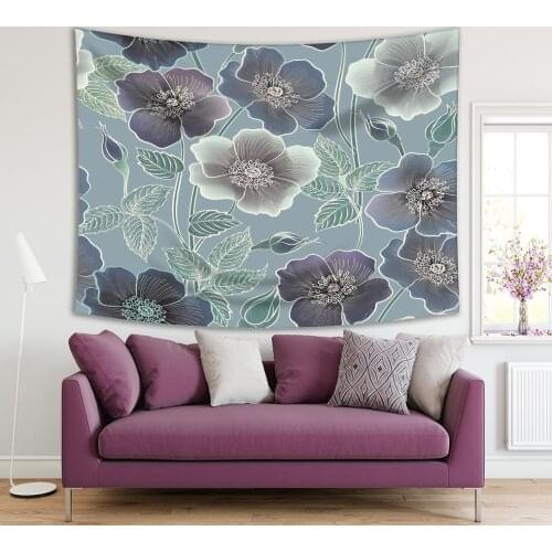 Tapestry Spring flourish Garden Poppies Flowers Leaves Classic Ornamental Purple Gray Floral Pattern Printed