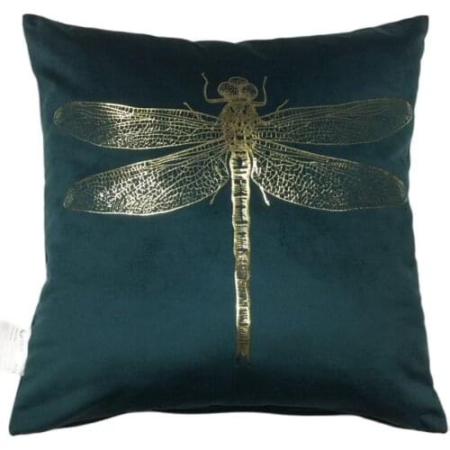 Hot Selling Insect Foil Printing Square Velvet Dragonfly Cushion Cover Gold Stamping Throw Pillowcase Shiny