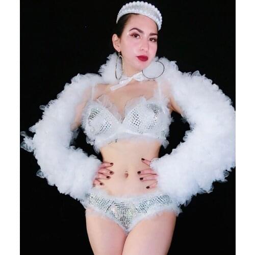 Nightclub DJ Dancer White Rhinestones Bikini Shawl Set Sexy Women Singer Dance Performance Costume Festival Stage Wear DT2310