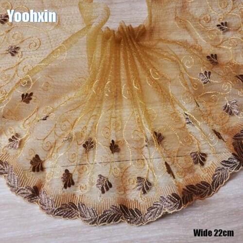 22cm Wide HOT Cotton Embroidery yellow flower lace fabric dubai sewing DIY trim fringe tulle applique Ribbon collar dress decor