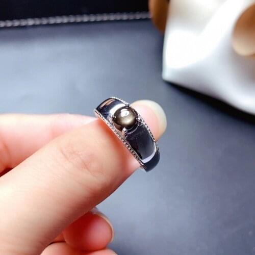 Natural Dark Star Black Sapphire Gem Ring Natural Gemstone Ring 925 Sterling Silver Trendy Elegant Round Women Office Jewelry