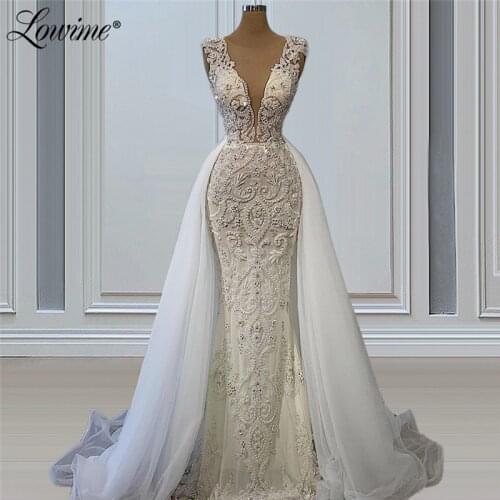 2021 New Handmade Pearls Wedding Dresses Robe De Mariage Plus Size Customized Mermaid Beaded Bridal Gowns Muslim Bride Dresses
