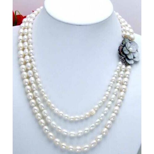 Free shipping 7-9mm Rice Natural White Freshwater Pearl Necklace for Women 3 Strands 17-19"