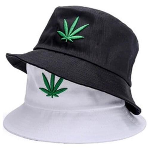 New Summer Women Panama Bucket Hat Cotton Maple Leaf Embroidered Double-side Bucket Caps Flat Top Fisherman Hats Men Hip Hop Cap
