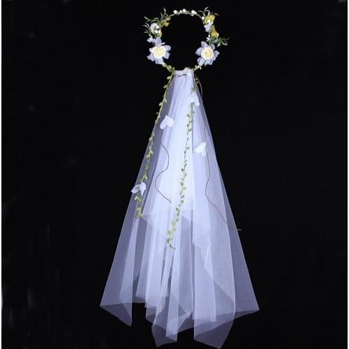 Romantic Garland Bridal Veil Flower Crown Hairbands Handmade White Rose Rattan Beach Wedding Jewelry Hair Accessories Wholesale