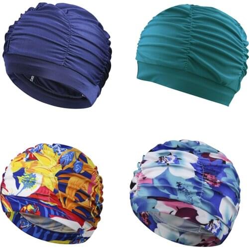 Pleated Swim Cap Long Hair Stretch Elastic Nylon Swimming Bathing Cap for Women Ladies Outdoor Accessories