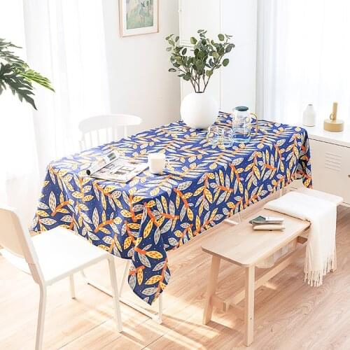 DUNXDECO Tablecloth Long Table Party Fabric Mat Modern Nordic Leaf Print Blue Color 140x220CM Desk Cover Textile