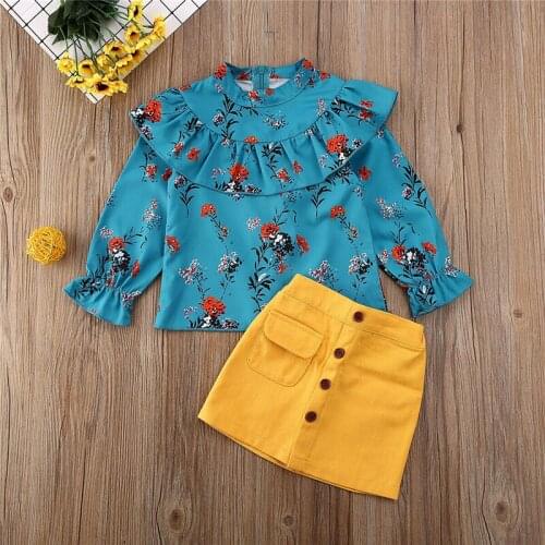 Toddler Baby Kids Girls Long Sleeve Floral Print Ruffle Tops Button Mini Skirts Casual Summer Outfit Set Baby Girl Clothes 2020