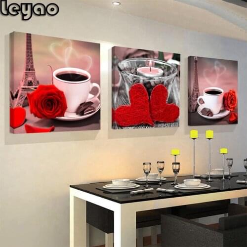 Triptych 5D full square/round Diamond Painting Red Flower Tower & Coffee Cup And Love Still Life Embroidery Diamond Mosaic Decor